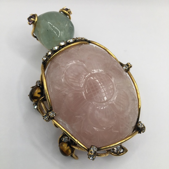 IRADJ MOINI Vintage Costume Jewelry Large Turtle Gemstone Brooch Pin Pink Quartz - Picture 2 of 11